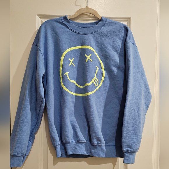 Gildan Sweaters - Gildan Blue Crewneck Sweater with Neon Smiley Face